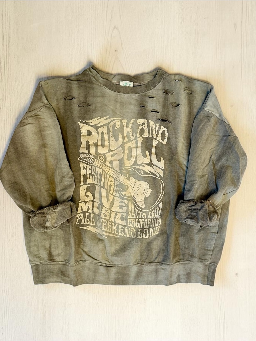 Women's Khaki and Tan Distressed Rock & Roll Graphic Sweatshirt Size S
